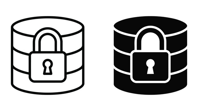 Large enterprise database storage unit secured with heavy padlock icon set representing high level data protection and secure repository management for corporate information systems and cloud storage