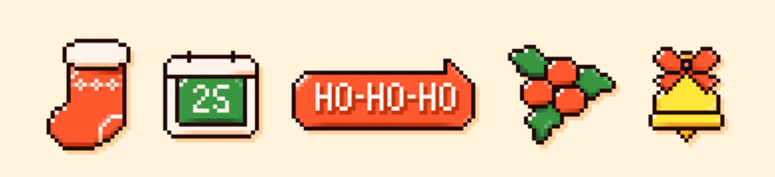 Pixel art Christmas elements. Red stocking, calendar, HO-HO-HO speech bubble, holly berries, yellow Holiday bell.