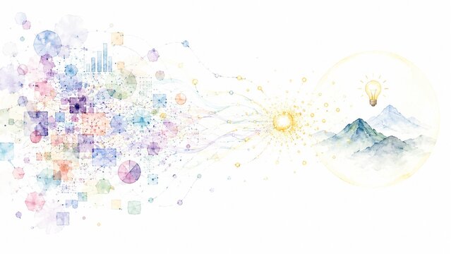 複雑なデータからひらめきやアイデアが生まれるイノベーションのプロセスを描いた抽象的なイメージイラスト