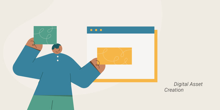 Flat design illustration of a person placing colorful asset cards into a browser screen, representing digital asset creation and web design. Perfect for tech, UI, NFT, fintech, and creative content.