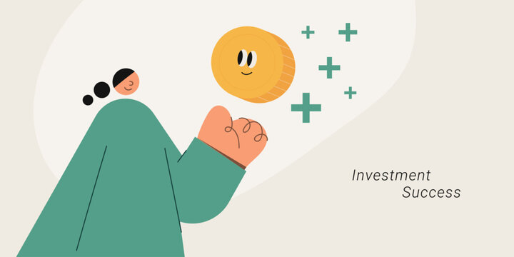Flat design illustration of a person tossing a cute smiling gold coin with plus signs, representing investment success and positive financial return. Perfect for finance, banking, and fintech content.