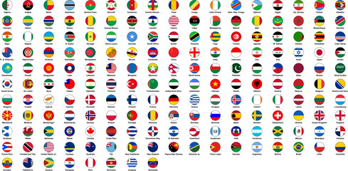 A round circle button badge collection featuring every world flag for global and international country nation designs © AfsanaBinteSalam