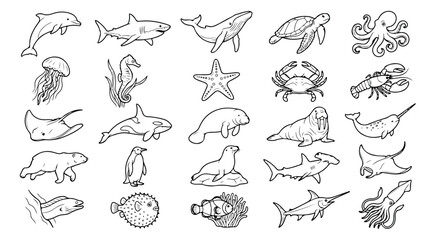 Fototapeta premium Rare Animals Line Art Coloring Book - Wildlife, Birds, Insects, Marine Life & Endangered Species Vector Illustrations Megaset