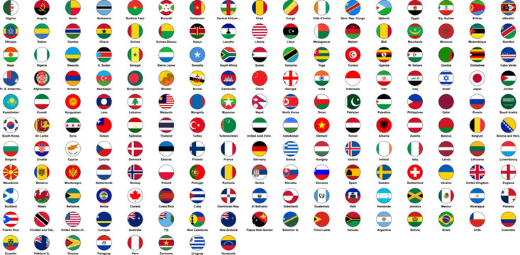 A round circle button badge collection featuring every world flag for global and international country nation designs