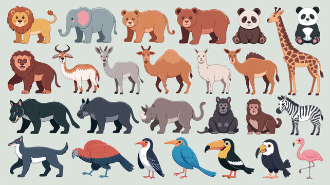 Collection of thirty cartoon style wild animals including mammals birds and exotic creatures