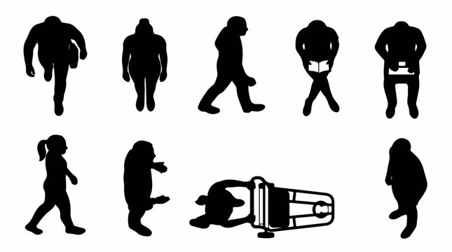 Top view people silhouettes, set of 9 black human figures from bird's eye perspective, architectural scale people for floor plans and site maps