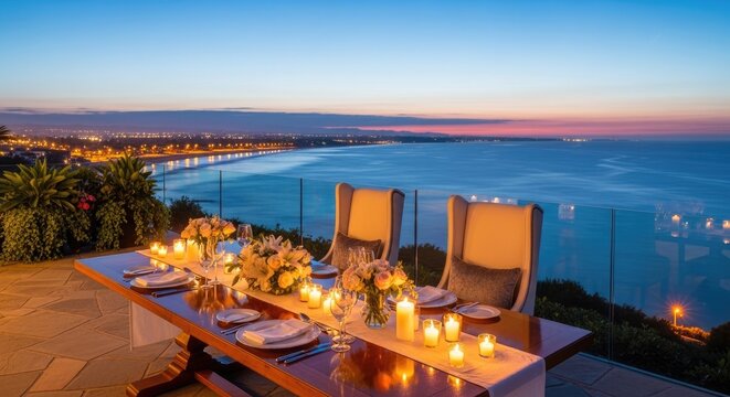 Elegant outdoor dining table setting with ocean view at twilight