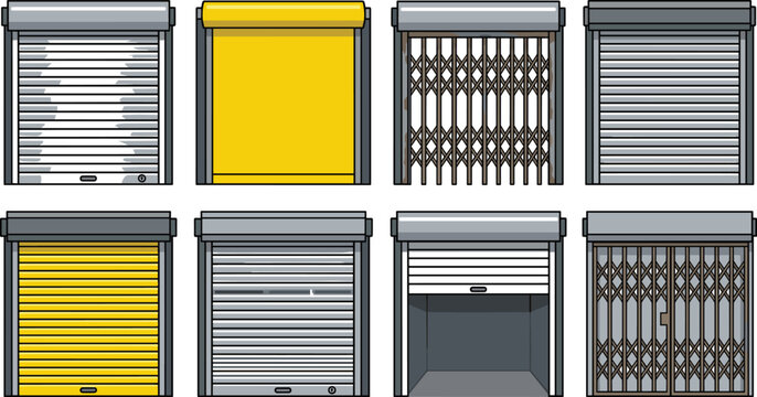 Industrial roller shutter doors and commercial security gates vector icon set featuring metal rolling shutters yellow store front grills garage doors and folding grilles elements.