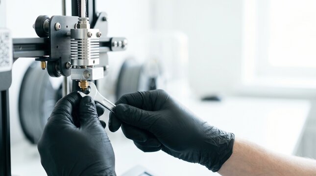 3D printer nozzle adjustment with wrench by gloved hands in modern workshop, manufacturing technology innovation.