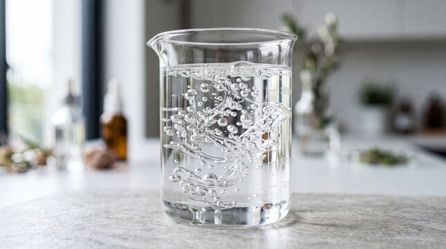 A clear glass beaker filled with bubbly water on a kitchen countertop surface