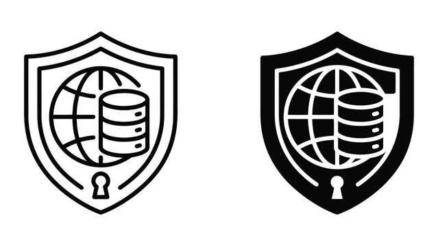 Global database security and information protection icon set with server storage and globe within shield for secure cloud computing in professional clean minimalist vector illustration