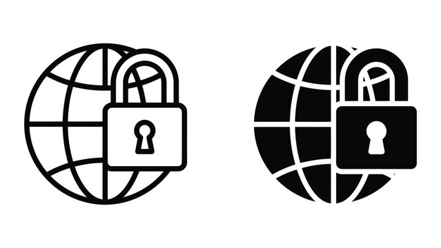 Global internet security and privacy protection icon set with padlock locked over globe for secure online communication and digital safety in professional minimalist vector art style