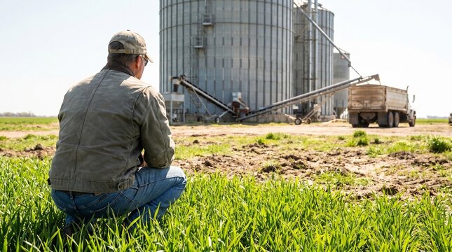 A farmer crouches in a green grass field watching grain being loaded from massive metal silos into a truck through a conveyor auger system.