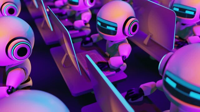 Seamless 3d animation loop of multiple cute futuristic robots working on computers in a modern office. Concept of an automated customer support team, AI chatbots, and digital workforce handling online
