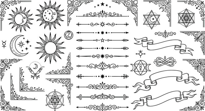 Celestial and mystical vector design elements, sun, moon, stars, ornate corners, dividers, and ribbons set isolated on white background
