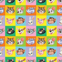Fototapeta premium Seamless Pattern of Cartoon Animal Faces on Colorful Checkered Background