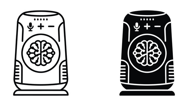 Advanced artificial intelligence smart speaker featuring a brain symbol and user controls for intelligent voice command systems