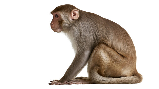 Brown rhesus macaque monkey sitting, isolated on transparent background