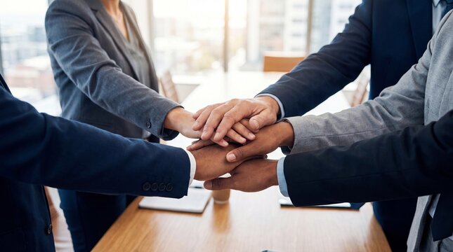 Business professionals stacking hands in a symbol of teamwork and unity at office
