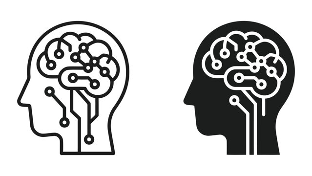 Artificial intelligence brain integrated into a human head profile silhouette depicting advanced cognitive computing vector illustration