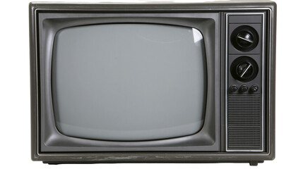 Vintage grey television with rounded screen and control knobs, isolated on transparent background © Giulia