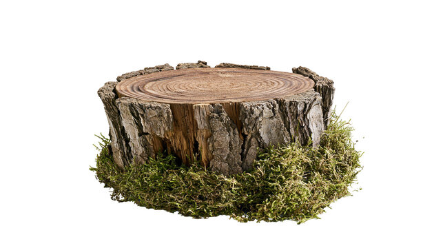 Rough bark tree stump with mossy base, isolated on transparent background
