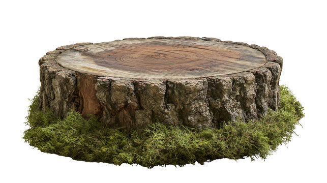 Rustic tree stump with mossy base, isolated on transparent background