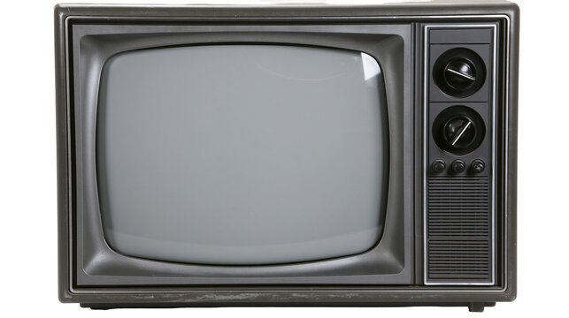 Vintage grey television with rounded screen and control knobs, isolated on transparent background