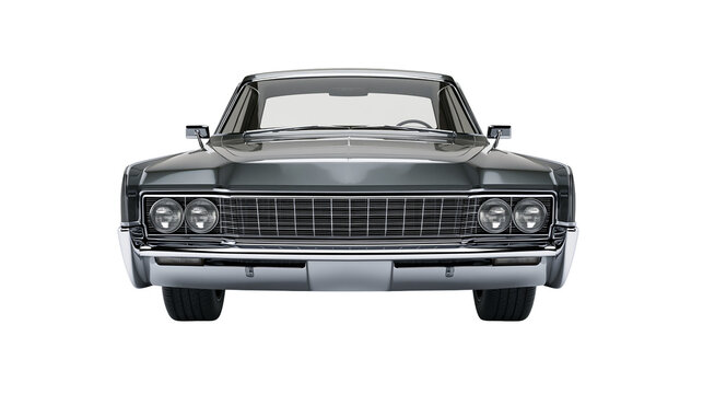 Classic dark grey sedan with chrome grille and headlights, isolated on transparent background