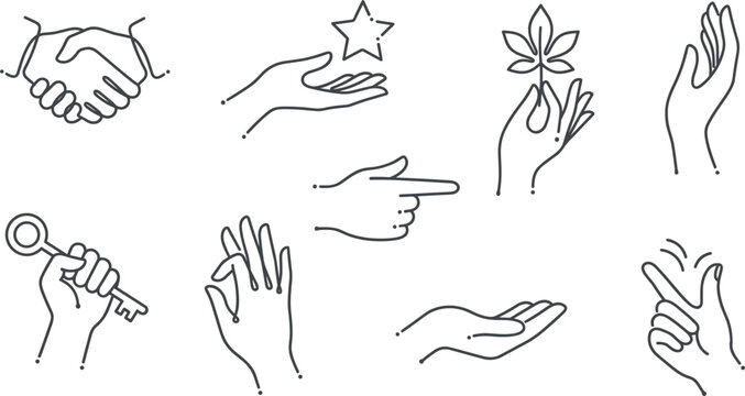 Elegant Minimalist Hand Gesture Line Icon Set Featuring Handshake Open Palm Holding Star Leaf Key Mudra and Pointing Finger for Logo Designs