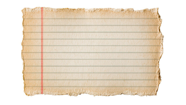 Torn aged lined paper with red margin line, isolated on transparent background