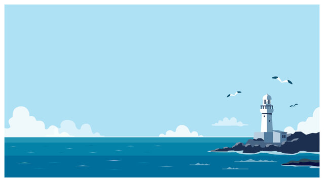 青空と海の背景イラスト 灯台のある海岸