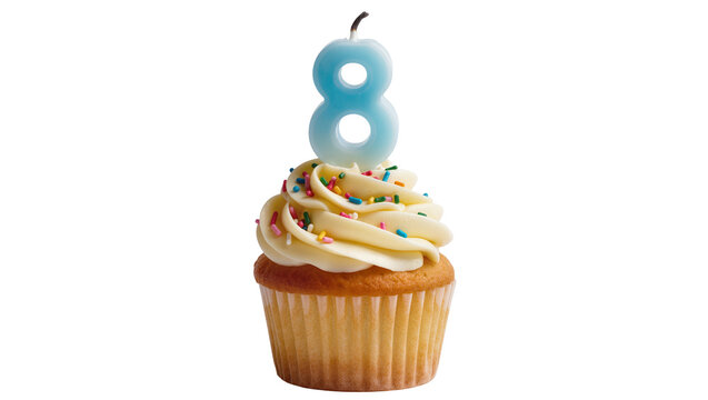 Vanilla cupcake with blue number 8 candle and sprinkles, isolated on transparent background