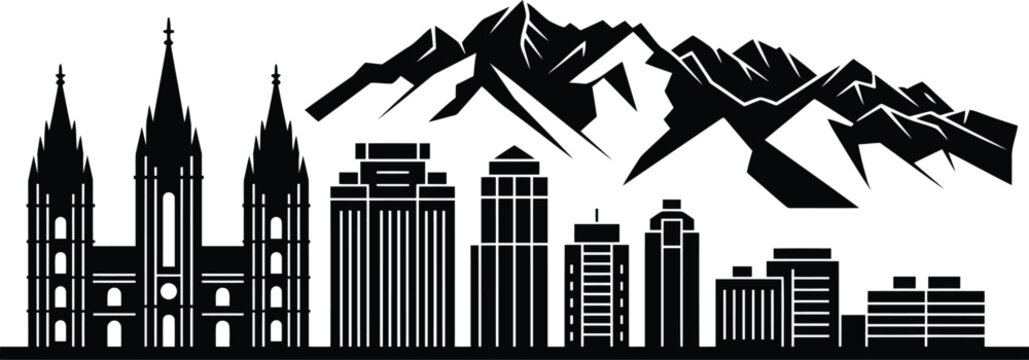 Salt lake city utah skyline silhouette vector featuring wasatch mountain range and religious temple landmarks profile.