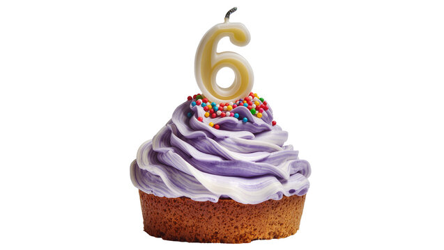 Birthday cupcake with purple frosting and number 6 candle, isolated on transparent background