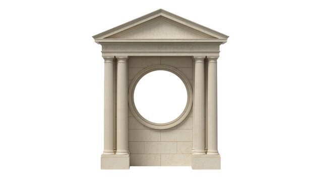 Classical stone facade with columns and circular window, isolated on transparent background