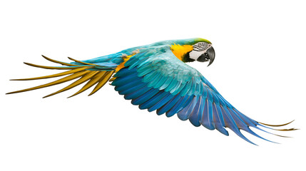 Blue and yellow macaw parrot with spread wings, isolated on transparent background © Giulia