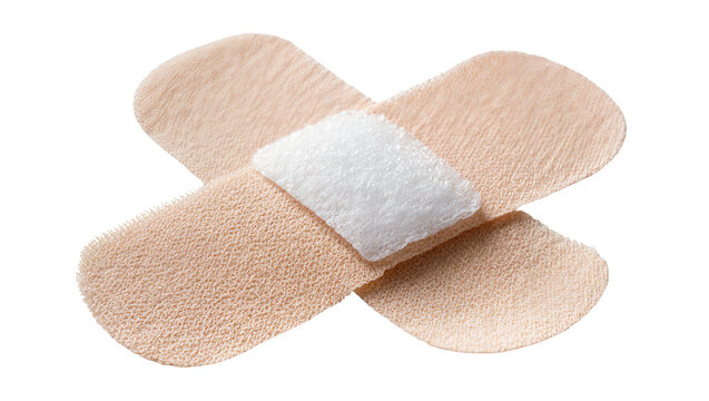 Two beige adhesive bandages crossed, isolated on transparent background
