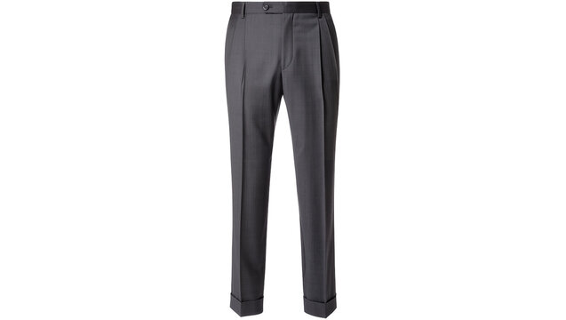 Dark grey pleated formal trousers with cuffed hems, isolated on transparent background