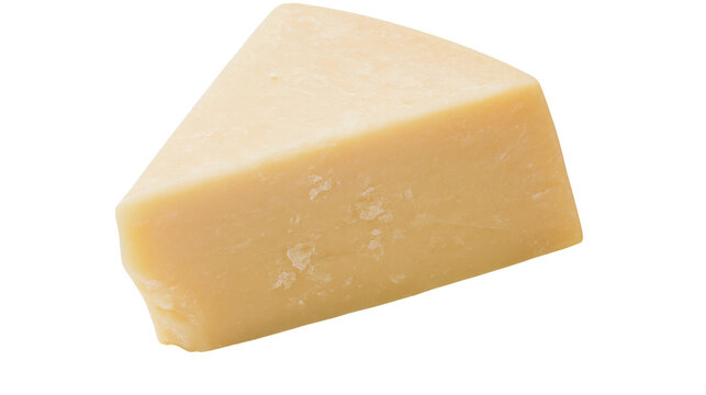 Wedge of aged hard cheese pale yellow with granular texture, isolated on transparent background