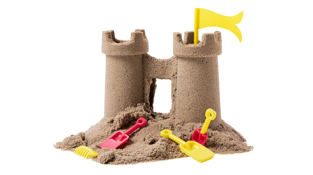 Sandcastle with yellow flag and plastic shovels, isolated on transparent background