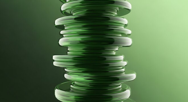 A tall, spiraling stack of translucent green discs on a gradient green background