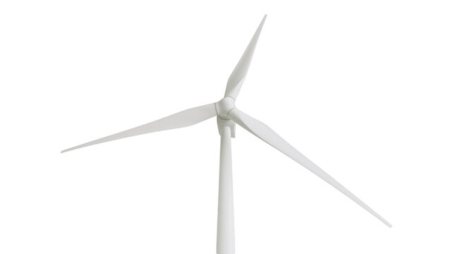 White wind turbine with three blades, isolated on transparent background
