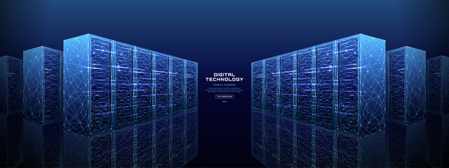 Naklejka premium Data center server room background with digital server racks, abstract tech network and cloud infrastructure. Futuristic technology design for AI computing, enterprise data processing, cybersecurity