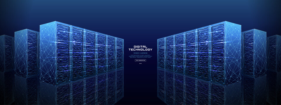 Data center server room background with digital server racks, abstract tech network and cloud infrastructure. Futuristic technology design for AI computing, enterprise data processing, cybersecurity