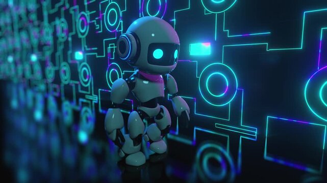 4k 3d animation of cute futuristic robot walking past a glowing digital circuit board wall. AI character moving forward in a high-tech cyberspace, abstract backdrop for sci-fi and technology concepts.