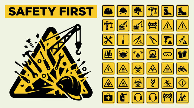 Industrial construction safety icons set, 42 yellow warning signs for workplace security, occupational health and safety first symbols vector