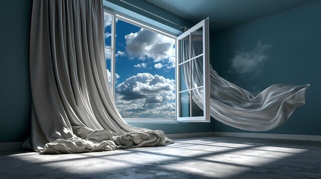 Offenes Fenster mit wehenden Vorh&auml;ngen und Blick auf blauen Himmel