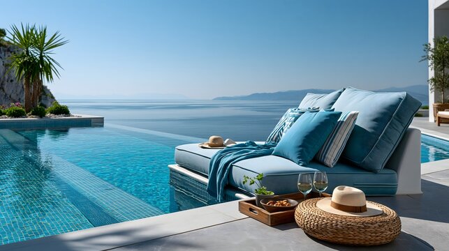 Luxuri&ouml;ser Infinity Pool mit Meerblick und stilvoller Sommerlounge
