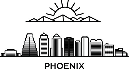Obraz premium Phoenix arizona skyline outline vector illustration with famous buildings and sunset mountains in background.